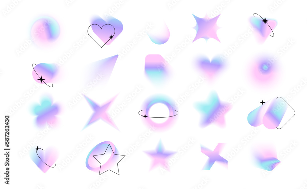 Poster blurred gradient holographic shapes set with black linear forms and sparkles.big blurry aura aesthet
