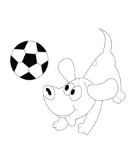Dog playing football Cartoon illustration. Funny and cute Puppy and soccer ball coloring page for kids. Cartoon illustration Vector flat style