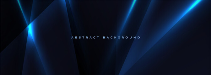 Black wide abstract horizontal technology banner with blue neon lines. Vector illustration