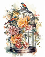 bird in cage with flowers