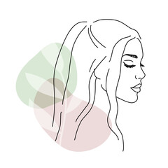 Beautiful woman profile portrait in minimalist style, one line drawing art, vector illustration
