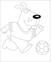Dog playing football Cartoon illustration. Funny and cute Puppy and soccer ball coloring page for kids. Cartoon illustration Vector flat style