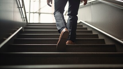 A man is walking up the stairs with his foot on the stairs. Generative AI