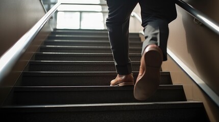 A man is walking up the stairs with his foot on the stairs. Generative AI