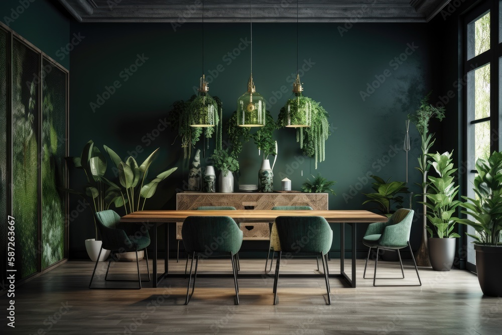 Poster Green dining room with plants and décor. Illustration mockup. Generative AI