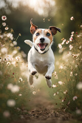 Ein Jack Russel Terrier springt in einem Blütenfeld created with Generative AI technologies