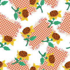 Seamless pattern or textile print design with sunflowers and patches of checked fabric, flat vector illustration. Seamless background in rustic style with sunflowers.