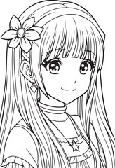 Anime girl portret with flower in long hair smiling, vector coloring for children