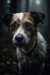 Ein Jack Russel Hund in einem dunklen Wald created with Generative AI technologies