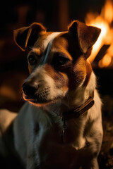 Obraz premium Ein Jack Russel Hund an einem Lagerfeuer created with generative AI