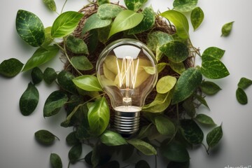 A light bulb is surrounded by leaves and a plant. Generative AI