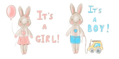 Hand drawn illustration of a little smiling bunny boy in shorts and girl with bows, text It's a boy, It's a girl. Isolated objects on white background. Design concept kids