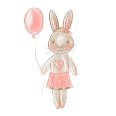 Digital painting Cute cartoon baby bunny, hare with balloon. Hand drawn illustration.
