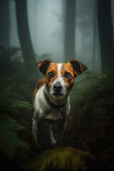 Ein Jack Russel Hund im Nebel des Waldes created with generative AI