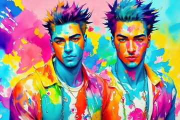 Artistic colorful watercolor portrait of alternative beautiful men couple, paint splatter, paint stain, splatter. generative AI