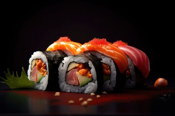 A plate of sushi with a black background. Generative AI