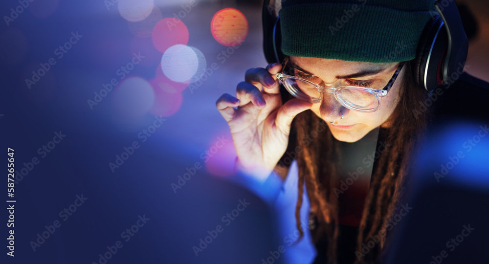 Poster Cyber security, woman or hacker working on computer in the basement at night for phishing on database. Bokeh mockup, focus or girl coder hacking ai digital network password on internet or website