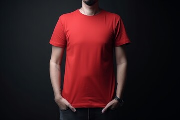 Male model wearing red t-shirt