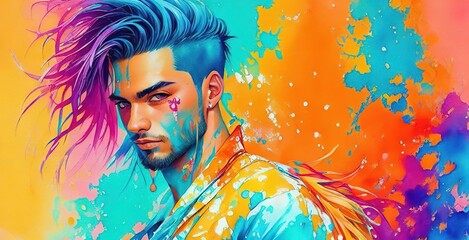 Artistic colorful watercolor portrait of an alternative beautiful man, paint splashes, paint stains, splatters. generative AI