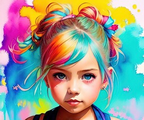 Artistic colorful watercolor portrait of an alternative beautiful little girl, paint splashes, paint stains, splatters. generative AI
