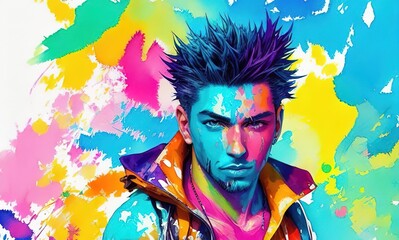 Fototapeta na wymiar Artistic colorful watercolor portrait of an alternative beautiful man, paint splashes, paint stains, splatters. generative AI