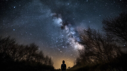 Fototapeta na wymiar 美しい星空と見上げる人 Beautiful starry sky and people looking up Generative AI 画像生成AI