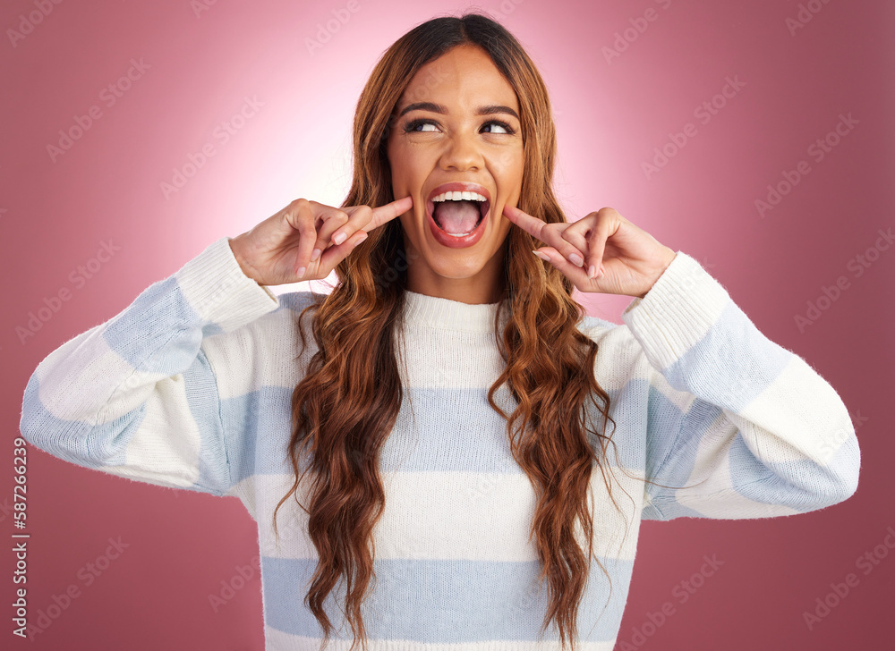 Sticker Cute smile, happy woman and youth in a studio with a gen z female in isolated pink background. Happiness, fun and silly young person with casual fashion feeling crazy and playful from funny joke