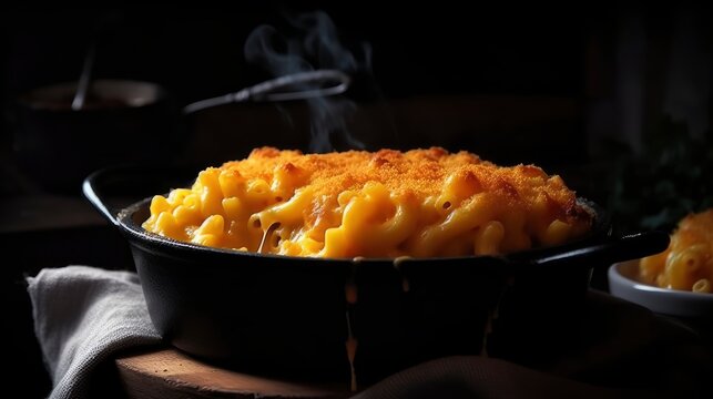 A bowl of macaroni and cheese with a glass of water on the side.. Generative AI