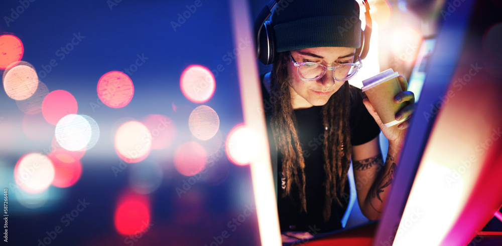 Aufkleber Night, light or woman hacker in dark room coding, phishing or researching blockchain technology mockup. Bokeh, programmer or girl hacking online in digital cybersecurity on a website drinking coffee
