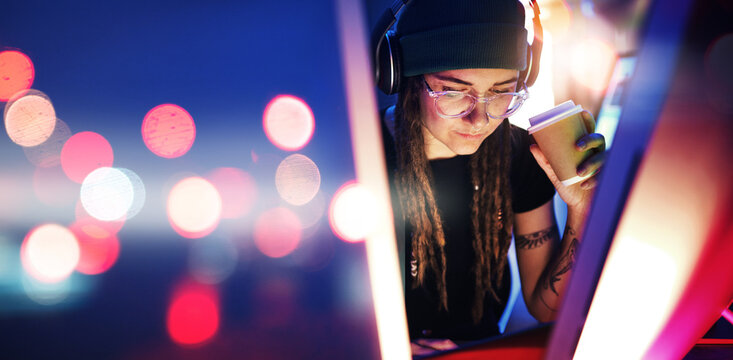 Night, light or woman hacker in dark room coding, phishing or researching blockchain technology mockup. Bokeh, programmer or girl hacking online in digital cybersecurity on a website drinking coffee