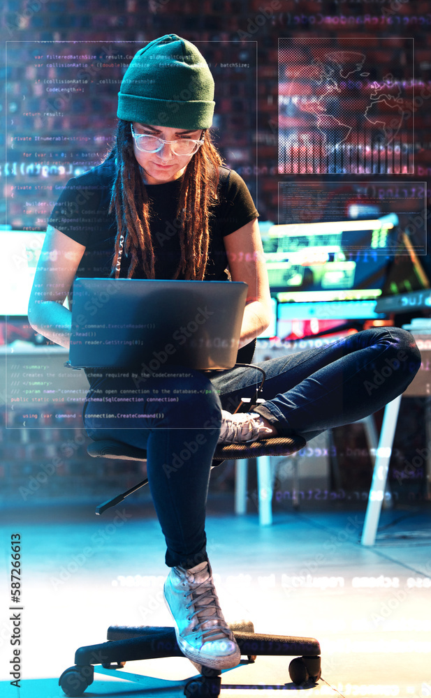 Poster woman, laptop or hologram chart in hacker office on stock market analytics, finance research or futu