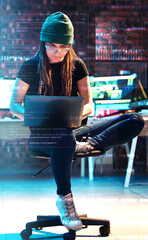 Woman, laptop or hologram chart in hacker office on stock market analytics, finance research or...