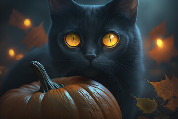 Obraz premium Black cat with yellow eyes and pumpkin and autumn leaves. Halloween illustration Generative AI