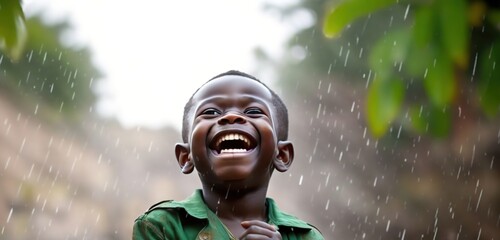 Little native African boy in the rain. Concept water for Africa. Ai generative