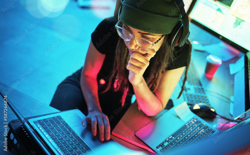 Poster Laptop, woman and hacker thinking with music and programming for cybersecurity. Neon top view, headphones and coder reading information for hacking while streaming radio on dark web at night in home.