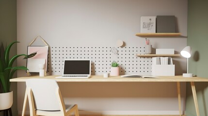 A home office with a laptop and a house with a house with a white board on the wall. Generative AI