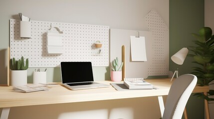 Fototapeta na wymiar A home office with a laptop and a house with a house with a white board on the wall. Generative AI
