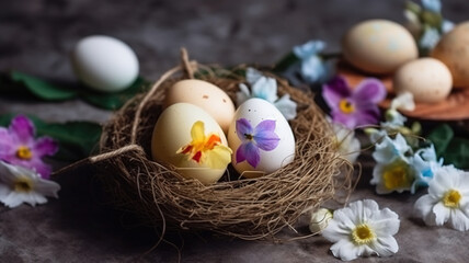 Fototapeta na wymiar Easter eggs in the nest, colorfully painted, Easter decoration composition 