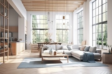 Fototapeta na wymiar spacious living room with large windows and comfortable furniture. Generative AI
