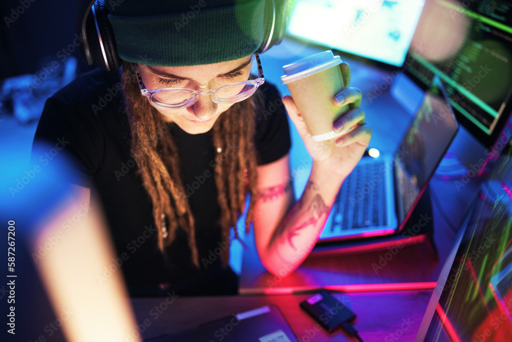 Leinwandbilder Coffee, computer or girl hacker in night office for coding, phishing or researching blockchain tech. Pc data, programmer or woman hacking online in digital cybersecurity on global website or internet