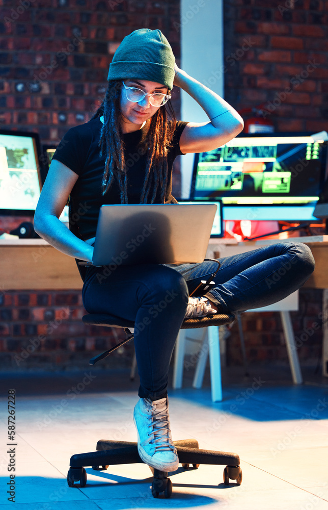 Aufkleber Woman hacker, night and think with laptop, confused and coding with data analysis for information technology. Female IT expert, computer or cyber crime with problem solving, thinking and development