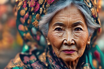 Artistic portrait of elegant and beautiful asian old woman. Grandma, elderly, older, senior. Ai generative.