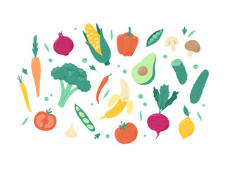 Fruits and vegetables, set of healthy vegetarian or vegan food. Hand drawn vector illustration in trendy minimalist style