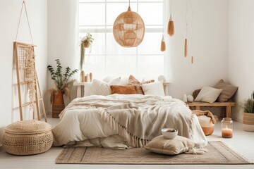 Fototapeta na wymiar White boho bedroom with coffee table, straw light, and cozy bed with cushions, copy space. white draped bed. Scandinavian style room. domestic hygge. Generative AI