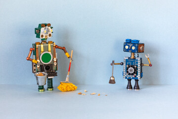 Robotic cleaning service concept. Two janitor robots with a bucket mop brushes for collecting...