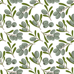 Fototapeta na wymiar Vector seamless pattern with green olive tree branches on white background. Hand drawn. For the design natural organic cosmetics, wrapping paper, soap, olive oil. Stock illustration.