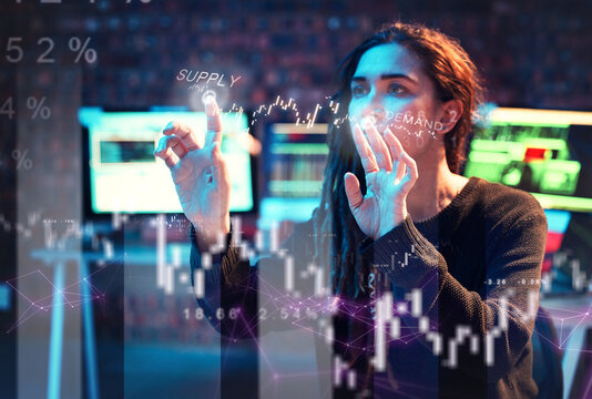 Woman hacker, finance or hologram chart in night office on stock market analytics, touch planning or growth. Financial data, girl trading or hands on 3d screen interactive ux digital graphs forecast