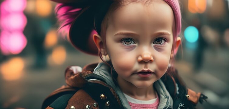 Elegant portrait of a beautiful fashionable little girl very elegant with brown fedora hat and pink hair. Trend marker. Edgy fashion. City bokeh background. generative AI
