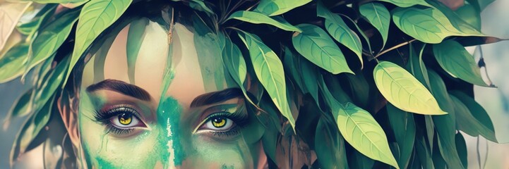 Beautiful woman's face surrounded by nature. Green leaves. concept of environment, nature, think green, world ecology, save the world. generative AI