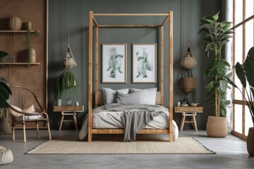 Modern bedroom with imitation poster frame, bamboo bed, night table, plants, folding screen, and imaginative home accessories. Eucalyptus. Template. Copies. Generative AI